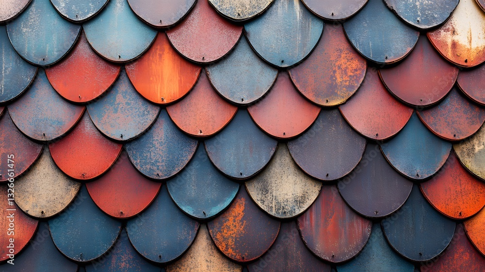Poster Colorful roof tiles creating repeating pattern with nails