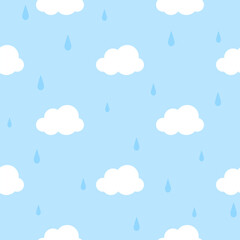 Cloud and raindrops isolated on a pastel blue  background. Seamless pattern, flat style. Childish background for paper, cover, textile, gift wrap, wallpaper.