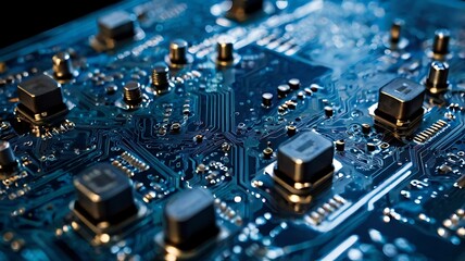 High-tech circuit board background, abstract digital technology presentations, electronic components, digital infrastructure, blue tech theme, modern electronics evolution expansion background