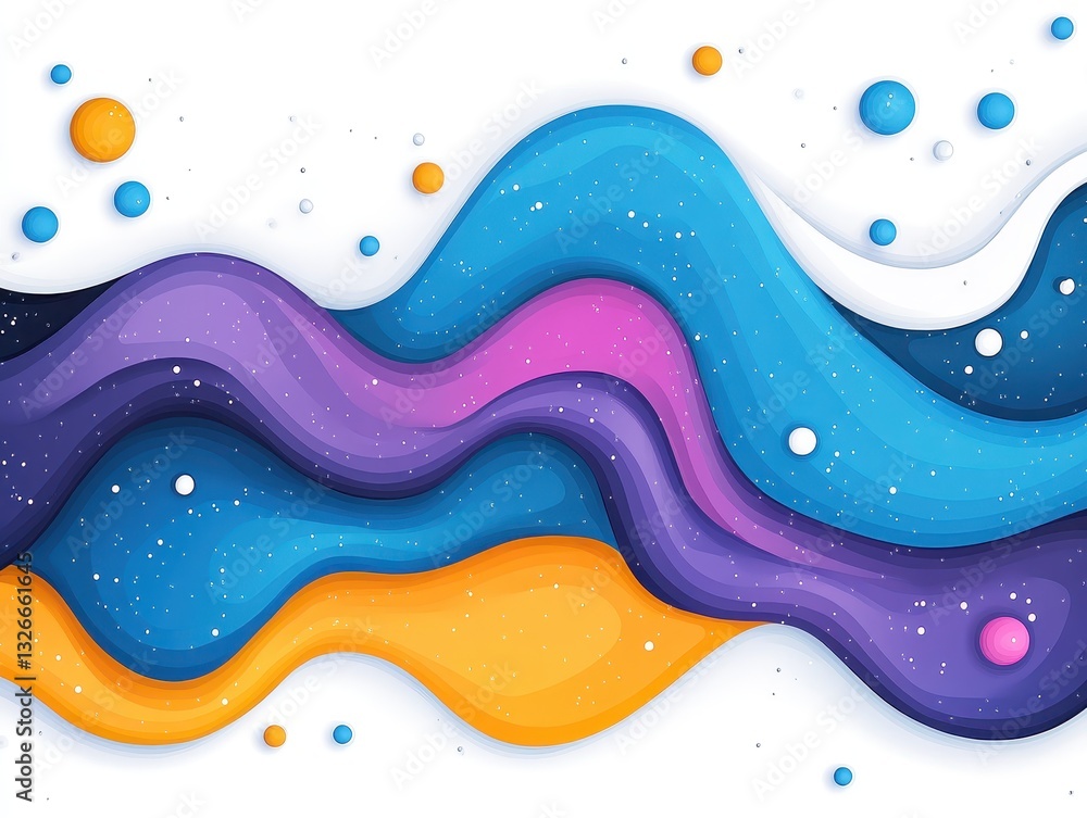 Poster colorful abstract waves with bubbles and stars creating a whimsical background