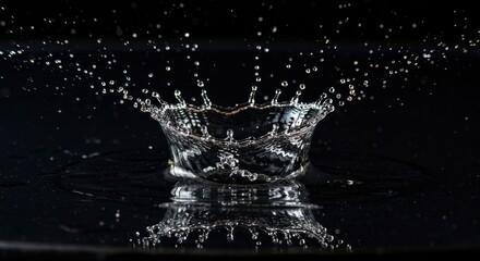 Water Droplet Impact Splash - A single water droplet creates a stunning crown-shaped splash upon impact with a dark surface. It symbolizes purity, energy, refreshment