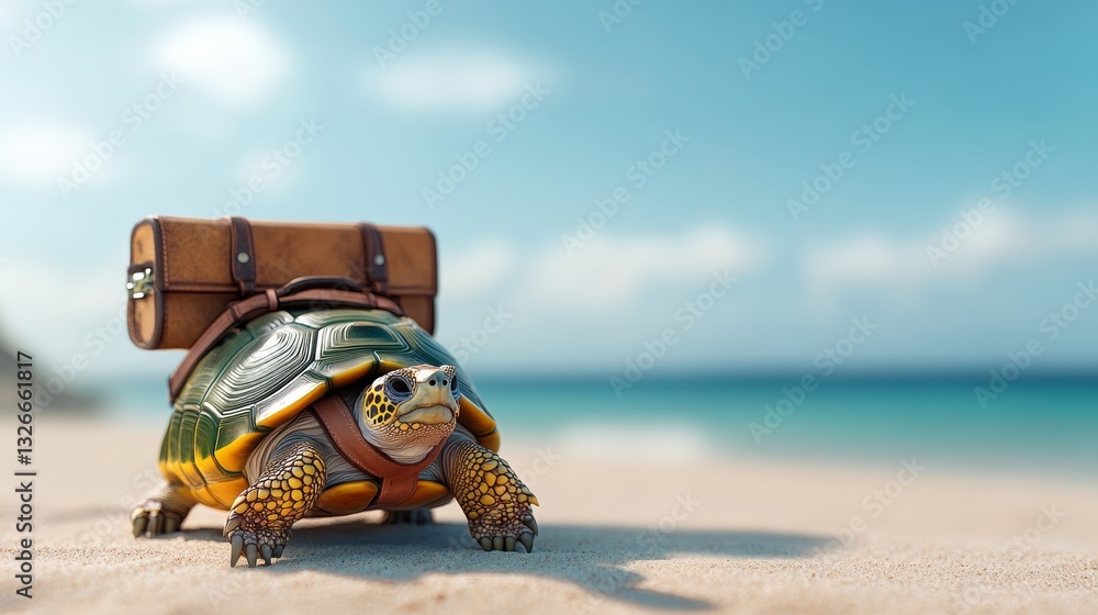 Poster turtle is standing on the beach with a suitcase on its back. the scene is playful and whimsical, as 