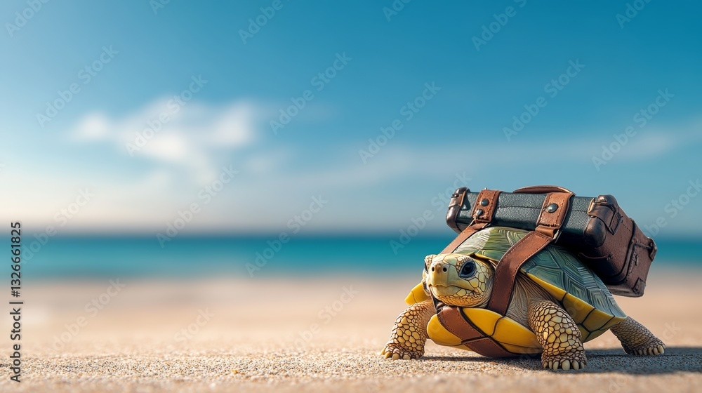 Poster turtle is carrying a suitcase on its back. the scene is set on a beach with a clear blue sky. the tu