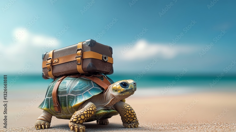 Poster turtle is carrying a suitcase on its back. the turtle is on a beach, and the suitcase is brown. the 