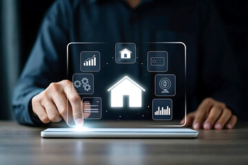 Businessman using a digital tablet to navigate real estate management, house and property management services, isolated on white background concept