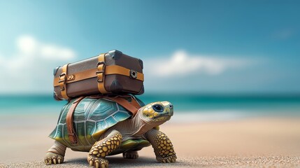 Turtle is carrying a suitcase on its back. The turtle is on a beach, and the suitcase is brown. The scene is playful and whimsical, as it is not common to see a turtle carrying a suitcase