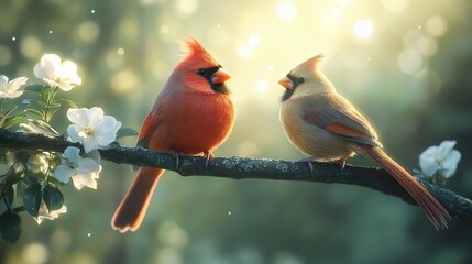 Male and Female Cardinals Perched on a Branch