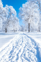 Obraz premium Winter wonderland path through snowy trees
