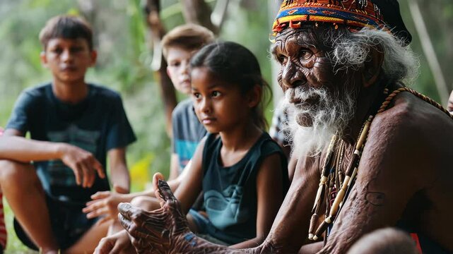 Indigenous elder shares wisdom with youths, celebrating cultural heritage on International Day. Indigenous Peoples Day, August 9