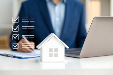 Businessman working with house model and checklist on digital platform, symbolizing real estate planning, housing management, and approval system