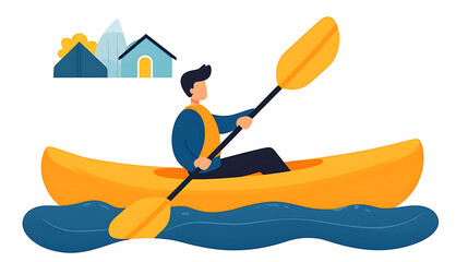 Kayaking man in yellow kayak on water with mountains and houses in background, enjoying nature