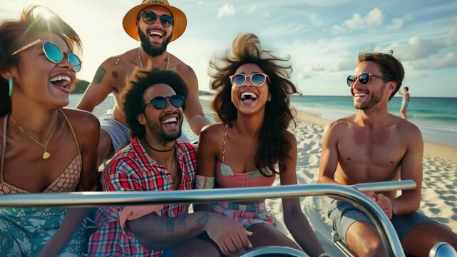 A close group of friends enjoys a joyful summer beach vacation, laughing and celebrating life on a sunny day, capturing delightful moments in a carefree atmosphere theyll cherish forever