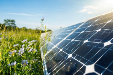 Brilliant sunlight illuminates photovoltaic panels in a beautiful green field with wildflowers under a clear blue sky