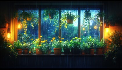 Cozy Rainy Evening Interior with Window View and Lush Green Plants in Warm Room