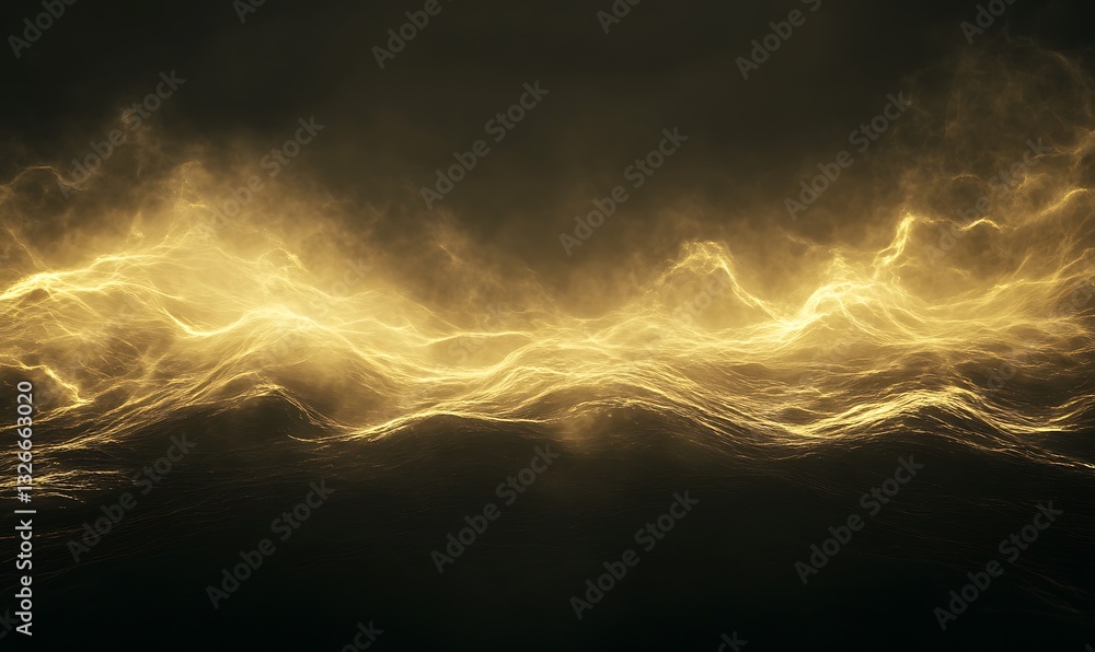 Poster illuminated waves of golden light create a mesmerizing, ethereal effect against a dark backdrop.
