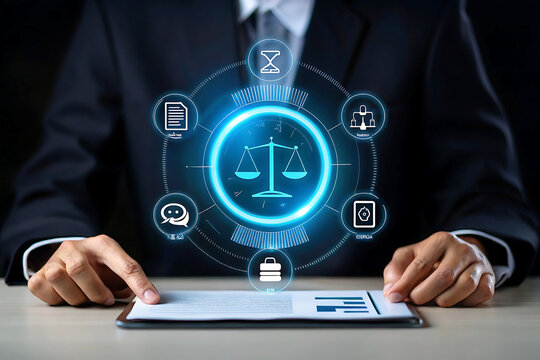 Lawyer using a tablet with scales of justice hologram, symbolizing legal services, technology integration in law practice, digital legal consulting