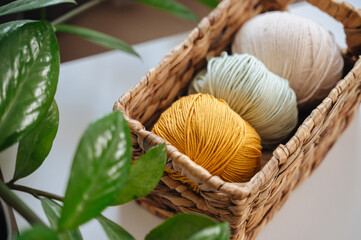 A collection of colorful knitting threads neatly arranged, symbolizing creativity, craftsmanship,...