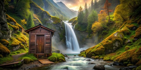 Fototapeta premium Eerie beauty: a misty waterfall's tranquil embrace holds a surprising, serene toilet booth.