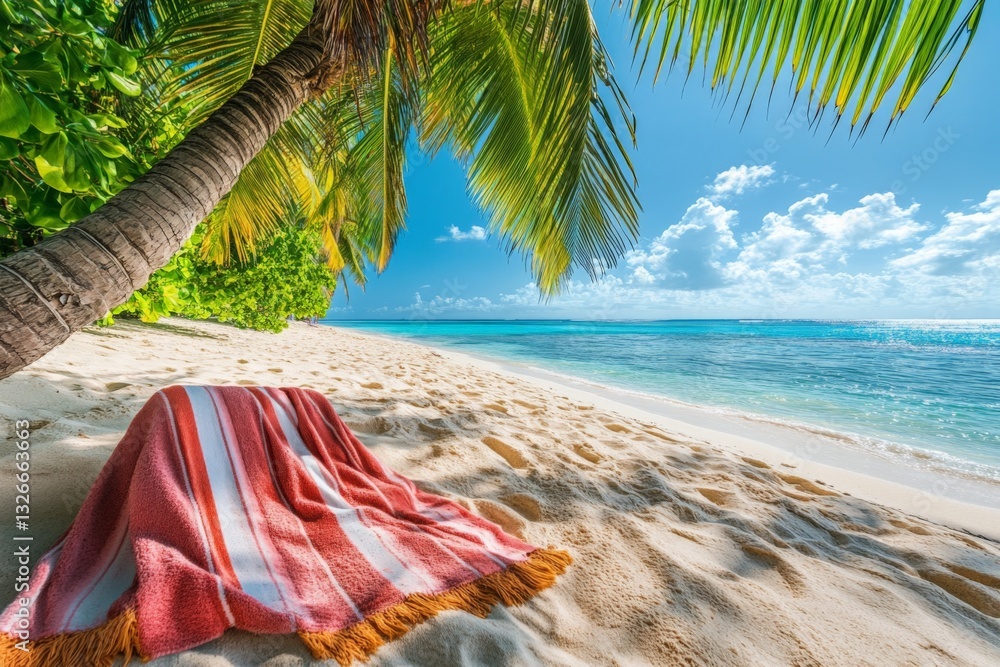 Poster relaxing on a tropical beach with a colorful blanket under palm trees during a sunny day
