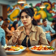 Una mujer hispana come en la cafeter&iacute;a de la empresa