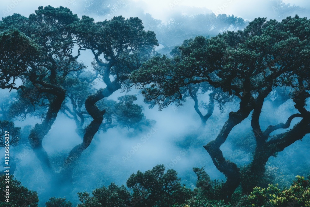 Aufkleber mysterious foggy forest with twisted trees enveloped in mist during early morning