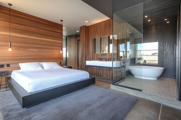 Modern bedroom with wood accents and a glass enclosed bathroom