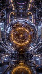 Fototapeta premium futuristic glowing sphere with intricate circuitry is set in high tech environment, surrounded by advanced machinery and illuminated by vibrant lights