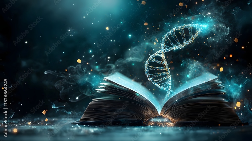 Aufkleber photograph of an open book generating a floating holographic dna strand symbolizing the intersection