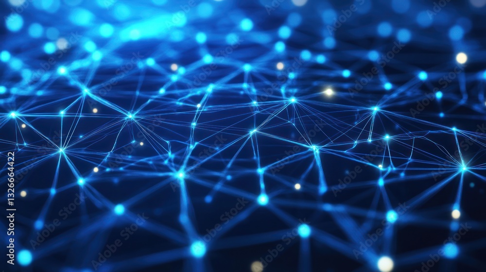 Poster abstract blue digital network with interconnected nodes, representing data flow and modern technolog