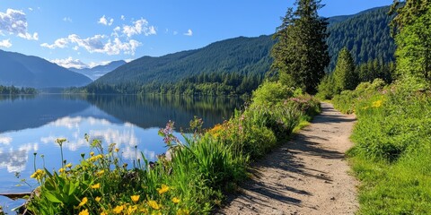 Scenic Lake View with Green Trees and Vibrant Wildflowers