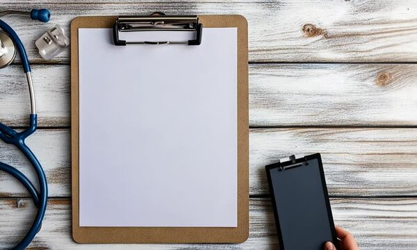 A stethoscope and blank clipboard rest on a rustic wooden table for medical use.