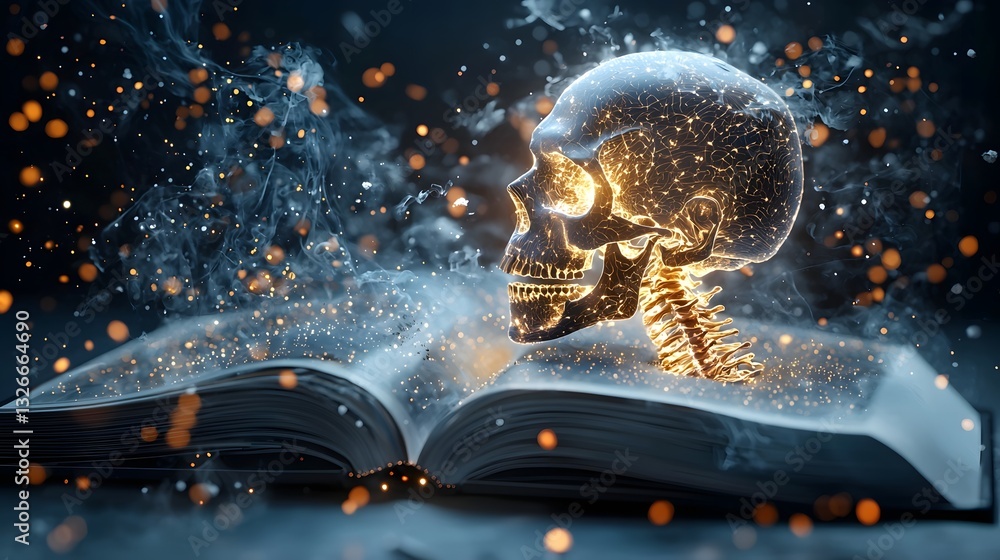 Poster captivating digital image of an open book where a lifelike x ray scan emerges showcasing a human ske
