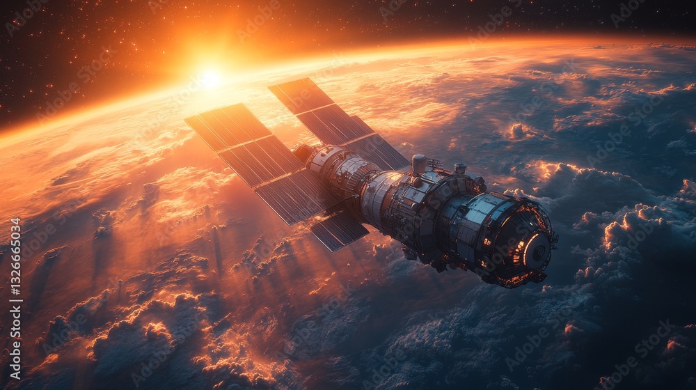 Poster satellite orbits the earth, sending telemetry and gps signals as the sun rises on the horizon, illum