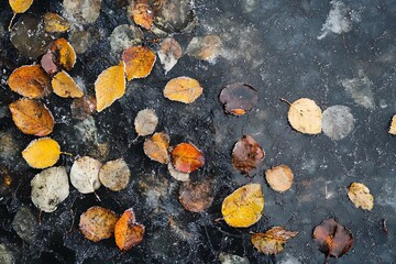 fleeting grace of sleet on fall foliage reflects fragile balance between seasons icing leaves in place and depicting a tender change from autumn to winter  
