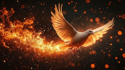 Obraz premium Majestic White Dove with Fiery Wings Against Dark Background - Symbol of Peace and Holy Spirit