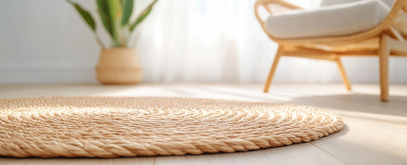 Fototapeta premium close up of woven mat on wooden floor, with chair and plant in bright room. natural textures create warm and inviting atmosphere