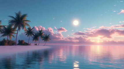 Serene tropical beach with palm trees under moonlit sky reflecting on calm ocean waters tranquil paradise escape