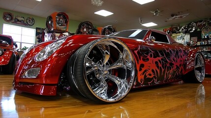 Chopped custom streetrod artfully displayed in a vibrant showroom filled with automotive creativity and design inspiration