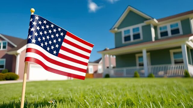 United states of waving proudly in the wind, positioned in front flag a residential home, representing patriotism and the american dream of home ownership July 4, Veterans or memorial day video 4k