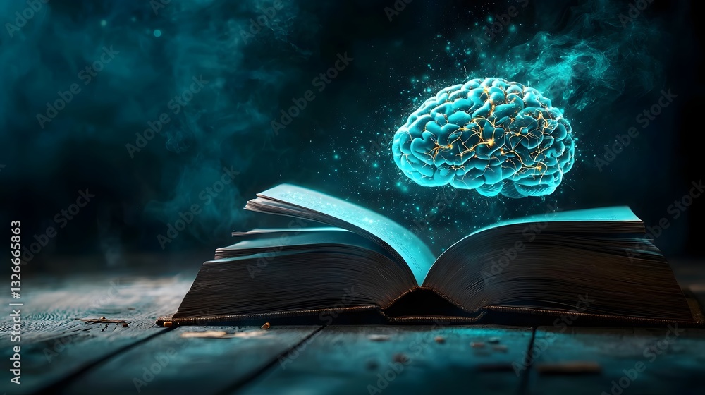 Poster open book revealing a glowing neural network of the human brain symbolizing the intricate workings o