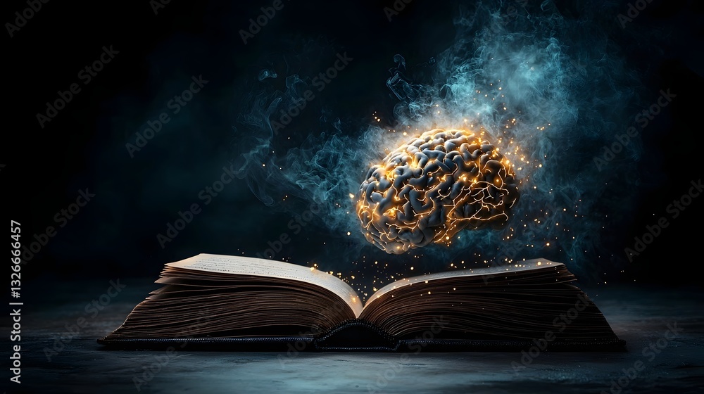 Poster glowing neural network overlay on an open book symbolizing the intersection of neuroscience mental h