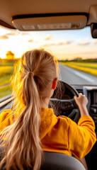 Woman driving a car at sunset