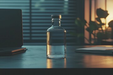 Close-up of a crystal-clear water bottle resting on a tidy desk, representing focus and clarity in thought processes.