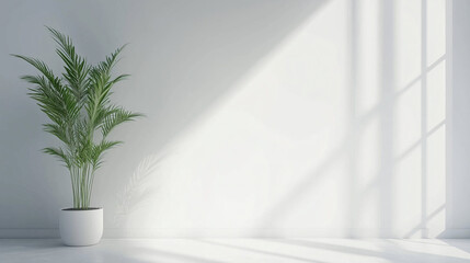Minimalist white office corner with mock-up wall, clean and modern design, bathed in natural light.