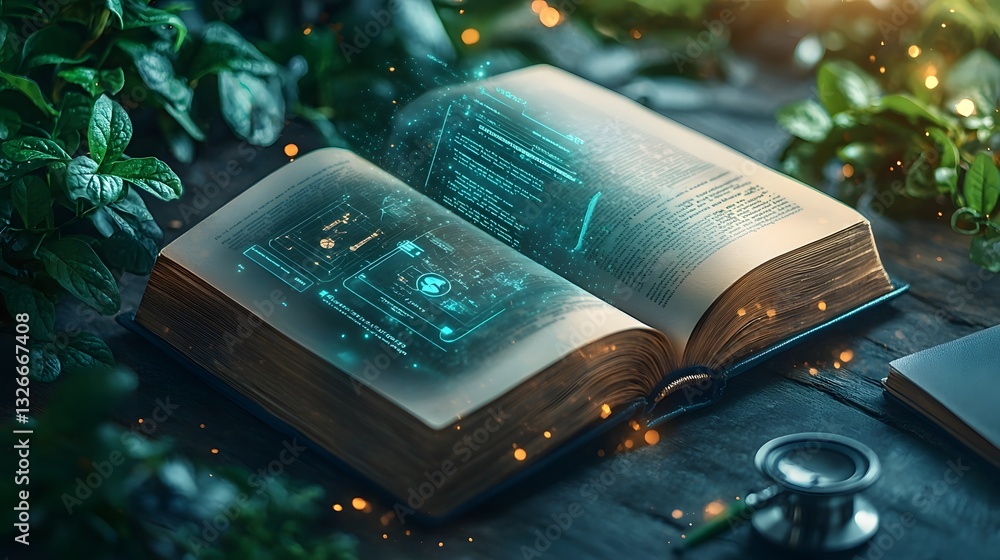 Poster open book projecting a cutting edge medical diagnostic interface with ai powered health analytics pa