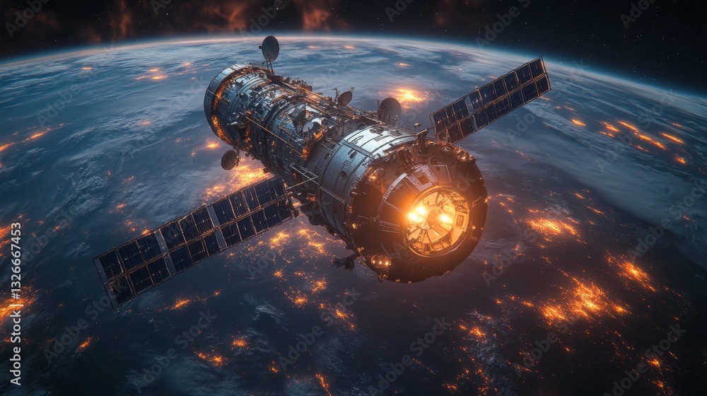 Poster a sophisticated satellite orbits earth, equipped with multiple solar panels and antennas. it facilit