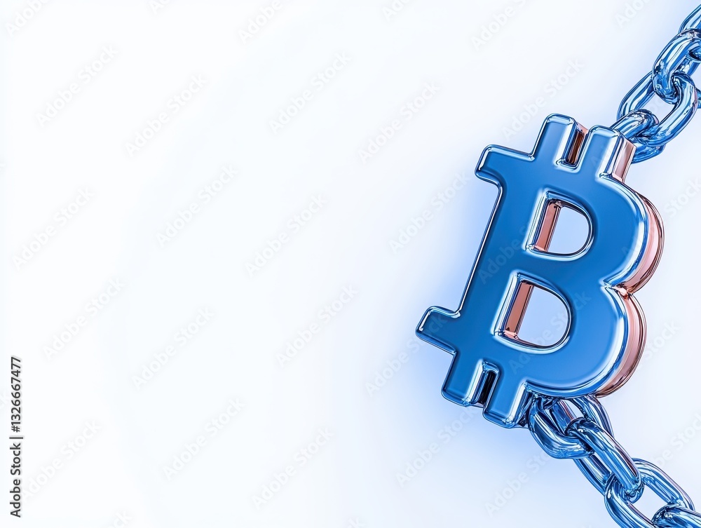 Poster a close-up of a blue bitcoin symbol linked by a metallic chain on a light background