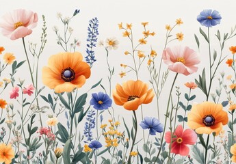 Vibrant seamless spring floral pattern featuring colorful wildflowers and lush leaves on a soft grey background