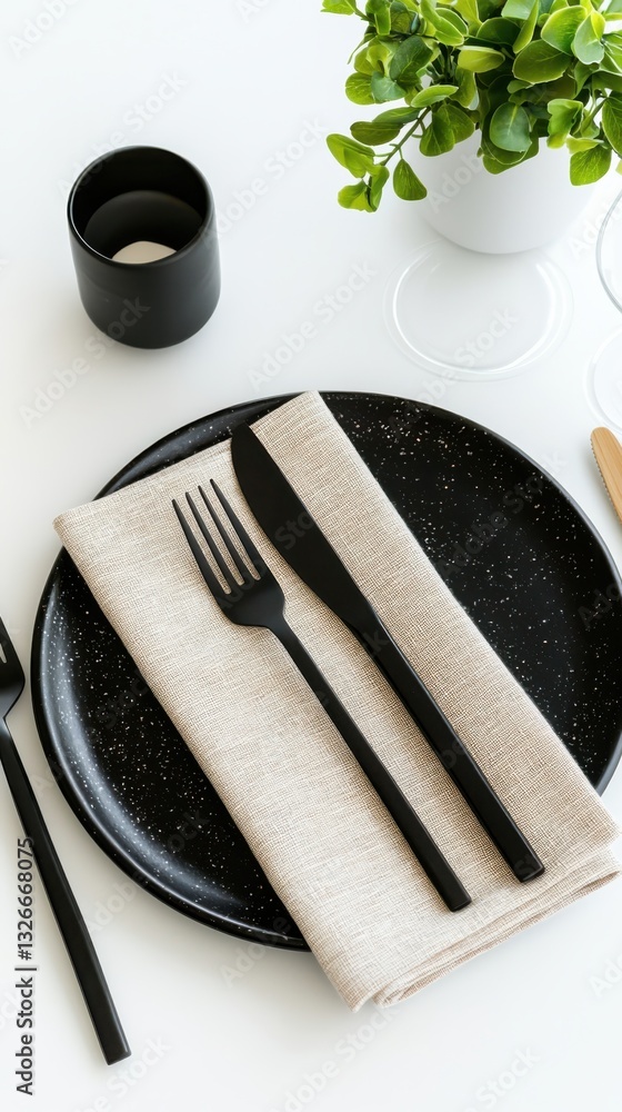 Poster minimalist linen table napkins arrangement modern dining space food photography soft diffused light 