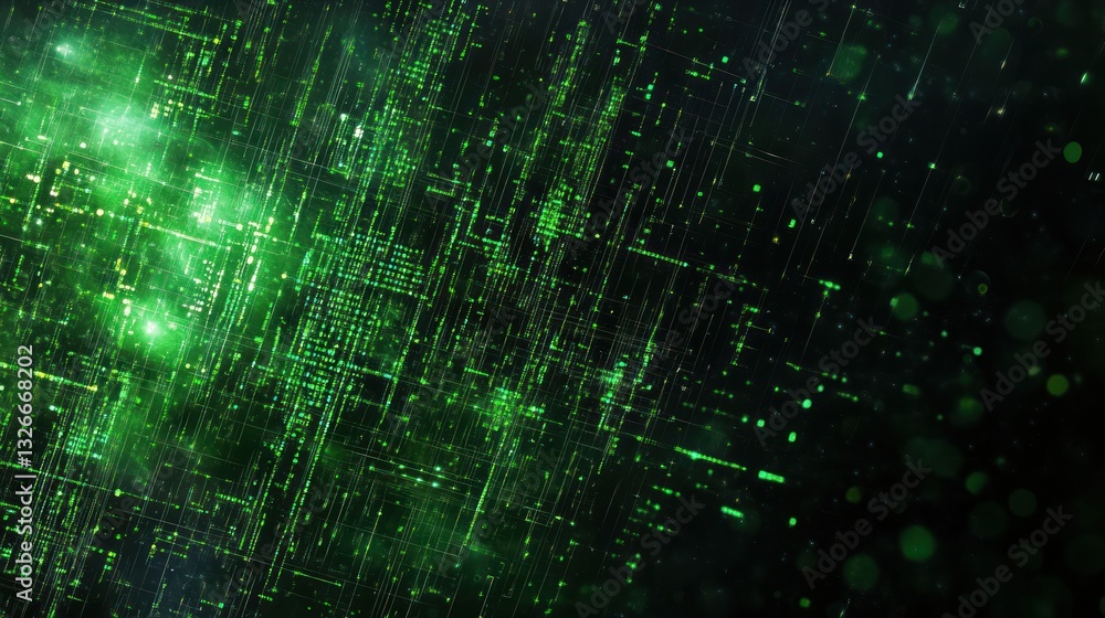 Poster abstract green digital background with glowing lines and particles, perfect for tech themes and futu